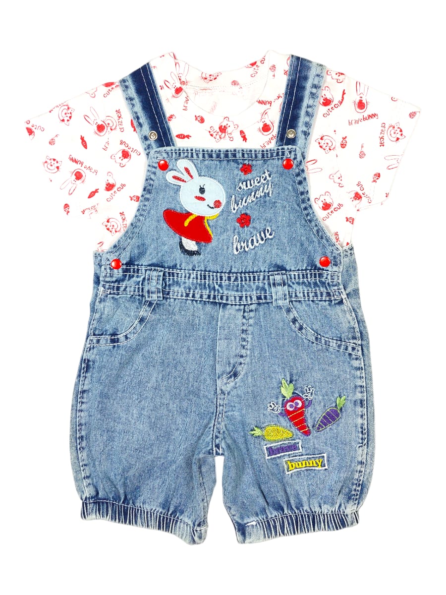 Compleu 2 piese SWEET BUNNY cu Salopeta scurta din denim si Tricou Rosu/Albastru denim