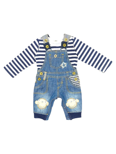 Compleu 2 piese MONKEY cu Salopeta lunga din denim si Bluza Bleumarin/Albastru denim