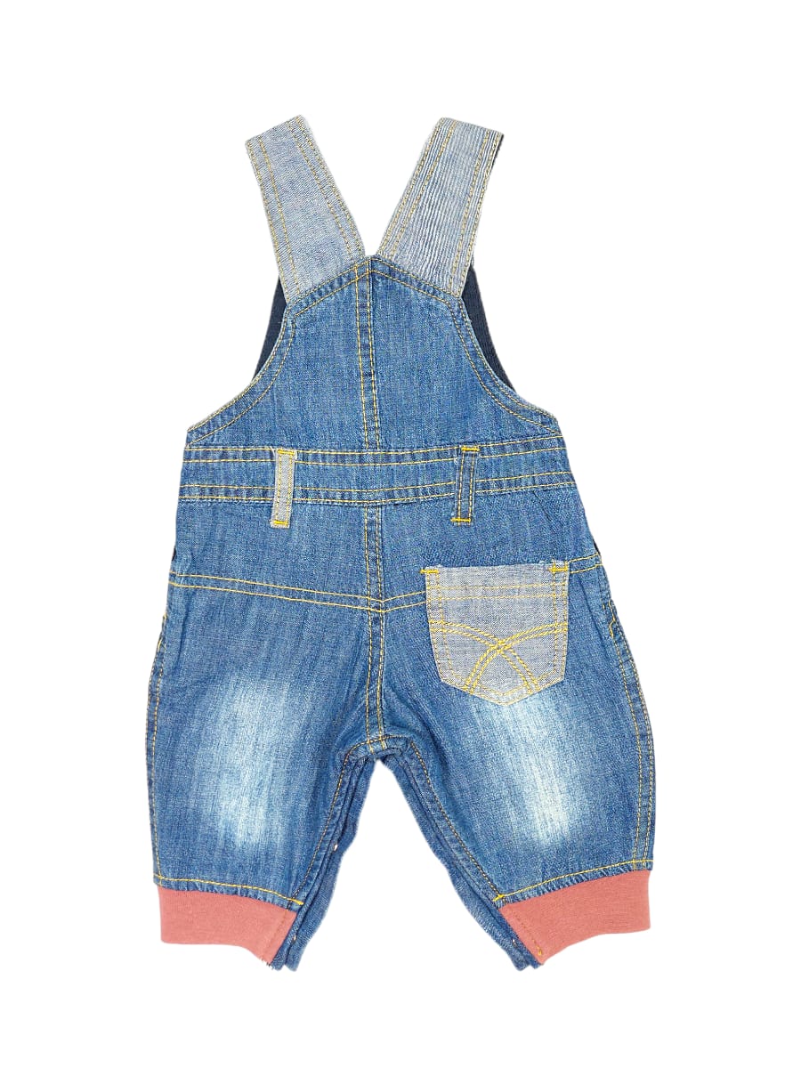 Compleu 2 piese MONKEY cu Salopeta lunga din denim si Bluza Corai/Albastru denim